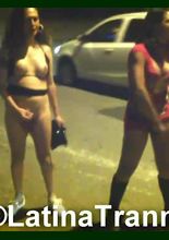 Latina tranny Nikki Montero masturbates at night in the street with a real tranny prostitute