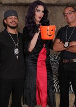 Curvy tranny Jenna in a halloween costume with black studs Castro and Ramon